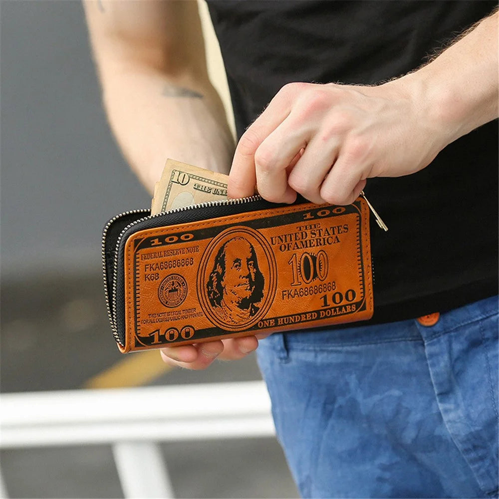 PU Leather Wallet Card Holder Billfold Coin Cash Storage Bag with Retro Imprinted Dollar Pattern - Light Brown - 2