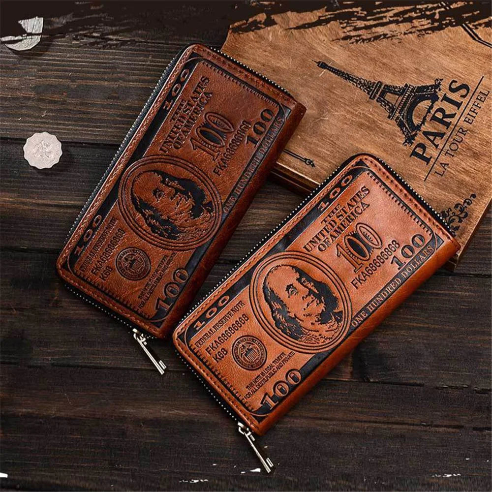 PU Leather Wallet Card Holder Billfold Coin Cash Storage Bag with Retro Imprinted Dollar Pattern - Light Brown - 4