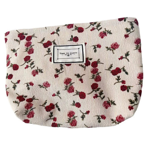 Vintage Rose Flower Pattern Corduroy Makeup Bag Travel Toiletry Organizer Pouch - Beige - 1