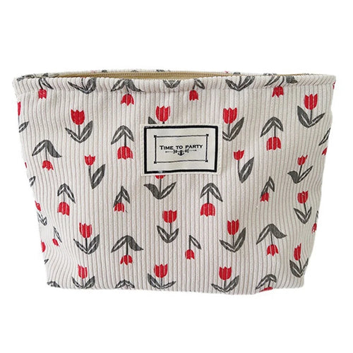 Vintage Flower Pattern Portable Makeup Bag Corduroy Travel Toiletry Organizer Pouch - Red - 1