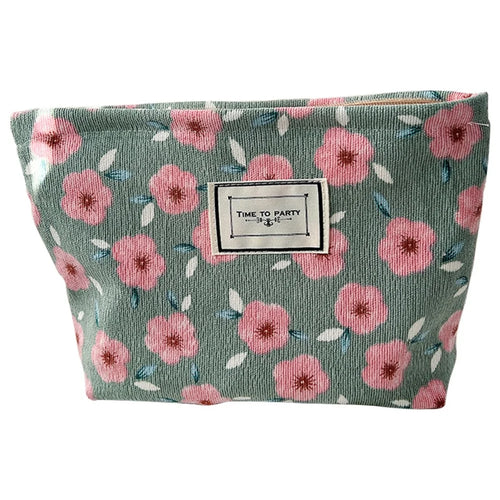 Travel Corduroy Makeup Bag Vintage Flower Pattern Smooth Zipper Toiletry Pouch - Cherry Blossom - 1