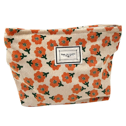 Portable Makeup Bag Vintage Flower Pattern Corduroy Travel Toiletry Organizer Zipper Pouch - Orange - 1