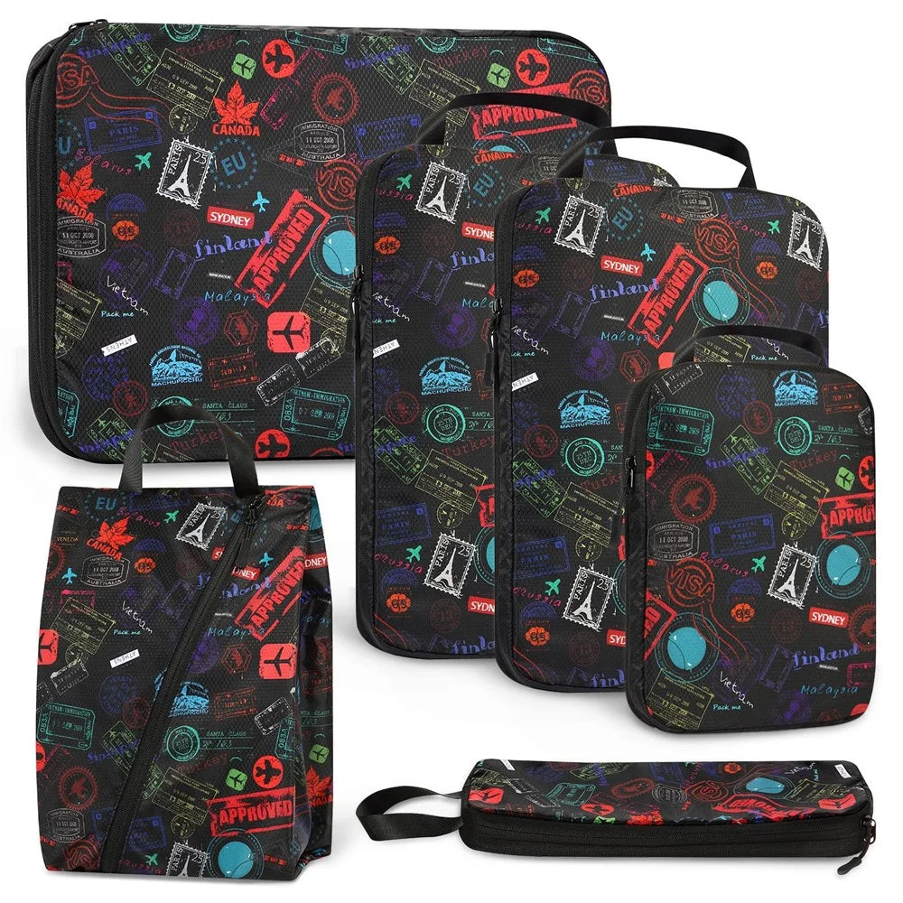 6PCS Waterproof Nylon Packing Cubes Set Travel Luggage Packing Organizers Compression Storage Bags - Black - 1