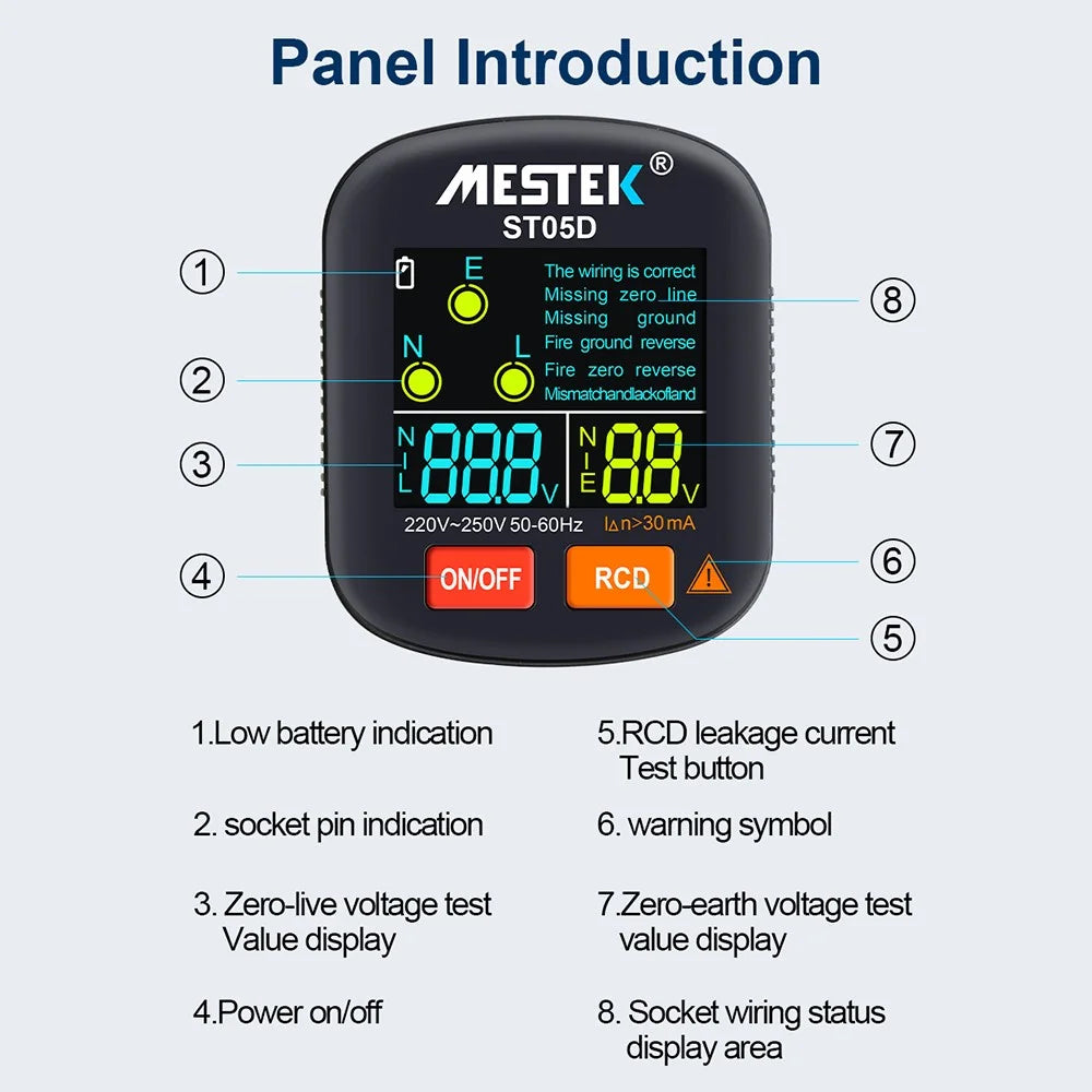 MESTEK ST05 Digital Socket Tester Battery-Operated HD Screen Socket Tester - US Plug - 6
