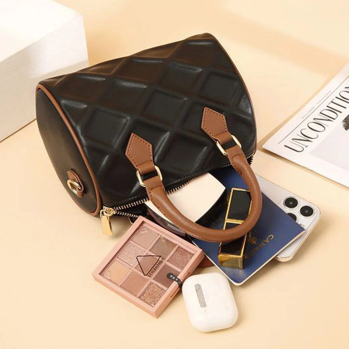 CKZC2218 Cowhide + PU Leather Rhombus Grid Women Handbag Stylish Crossbody Bag - Beige - 3