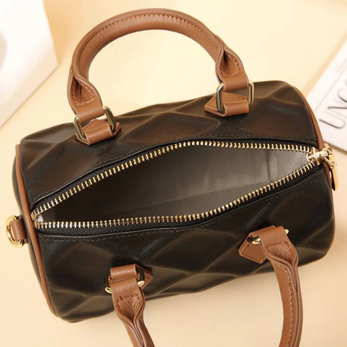 CKZC2218 Cowhide + PU Leather Rhombus Grid Women Handbag Stylish Crossbody Bag - Beige - 5