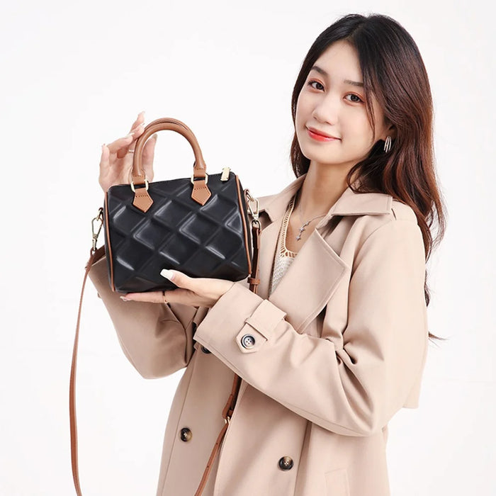 CKZC2218 Cowhide + PU Leather Rhombus Grid Women Handbag Stylish Crossbody Bag - Beige - 6