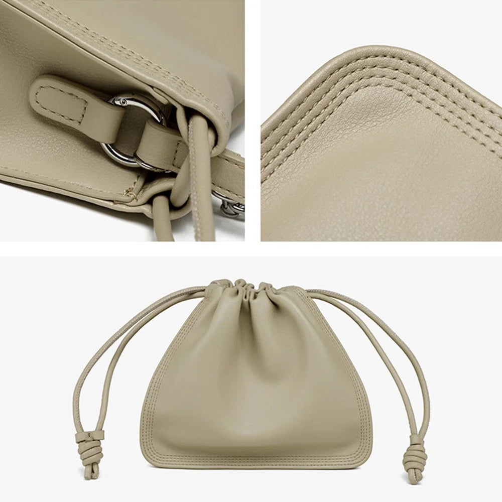CKZC2203 Women's Drawstring PU+Cowhide Leather Crossbody Bag Girl's Chain Strap Shoulder Bag - Grey - 3