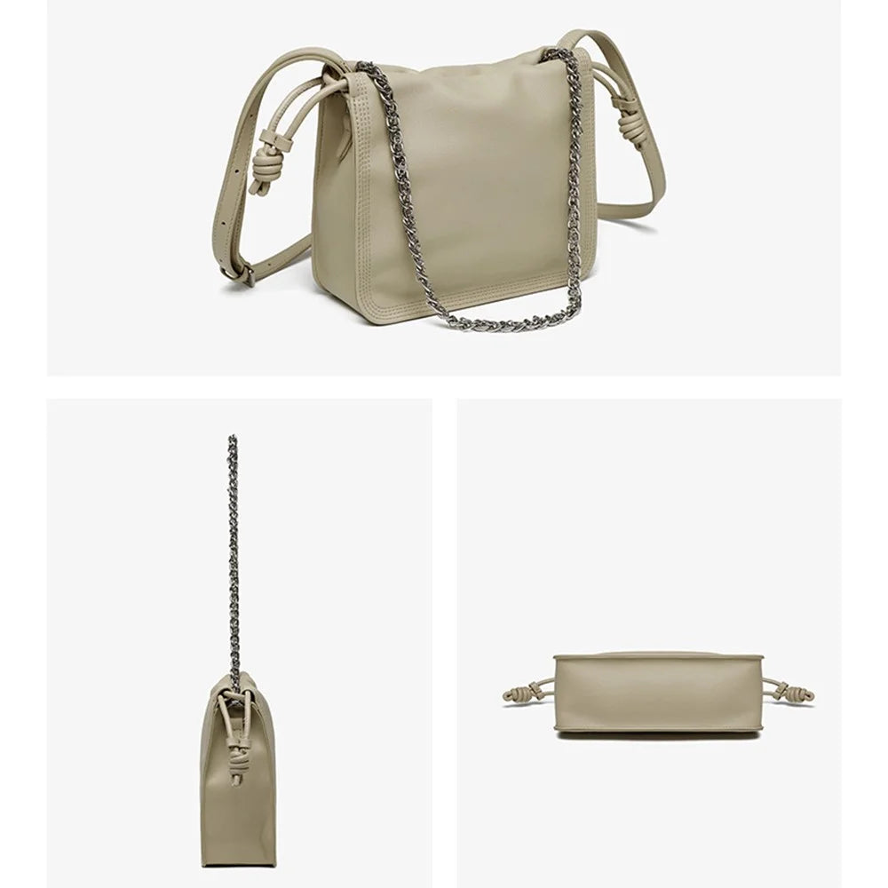 CKZC2203 Women's Drawstring PU+Cowhide Leather Crossbody Bag Girl's Chain Strap Shoulder Bag - Grey - 4