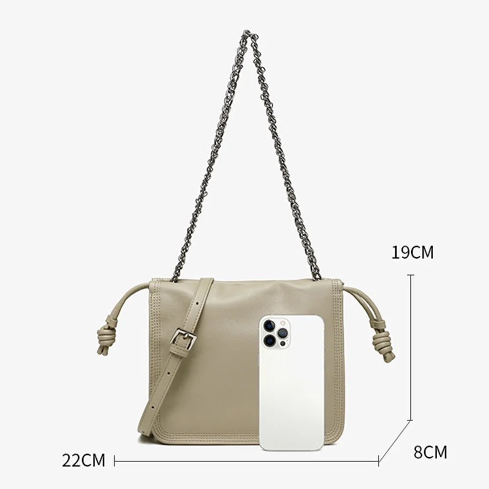 CKZC2203 Women's Drawstring PU+Cowhide Leather Crossbody Bag Girl's Chain Strap Shoulder Bag - Grey - 7