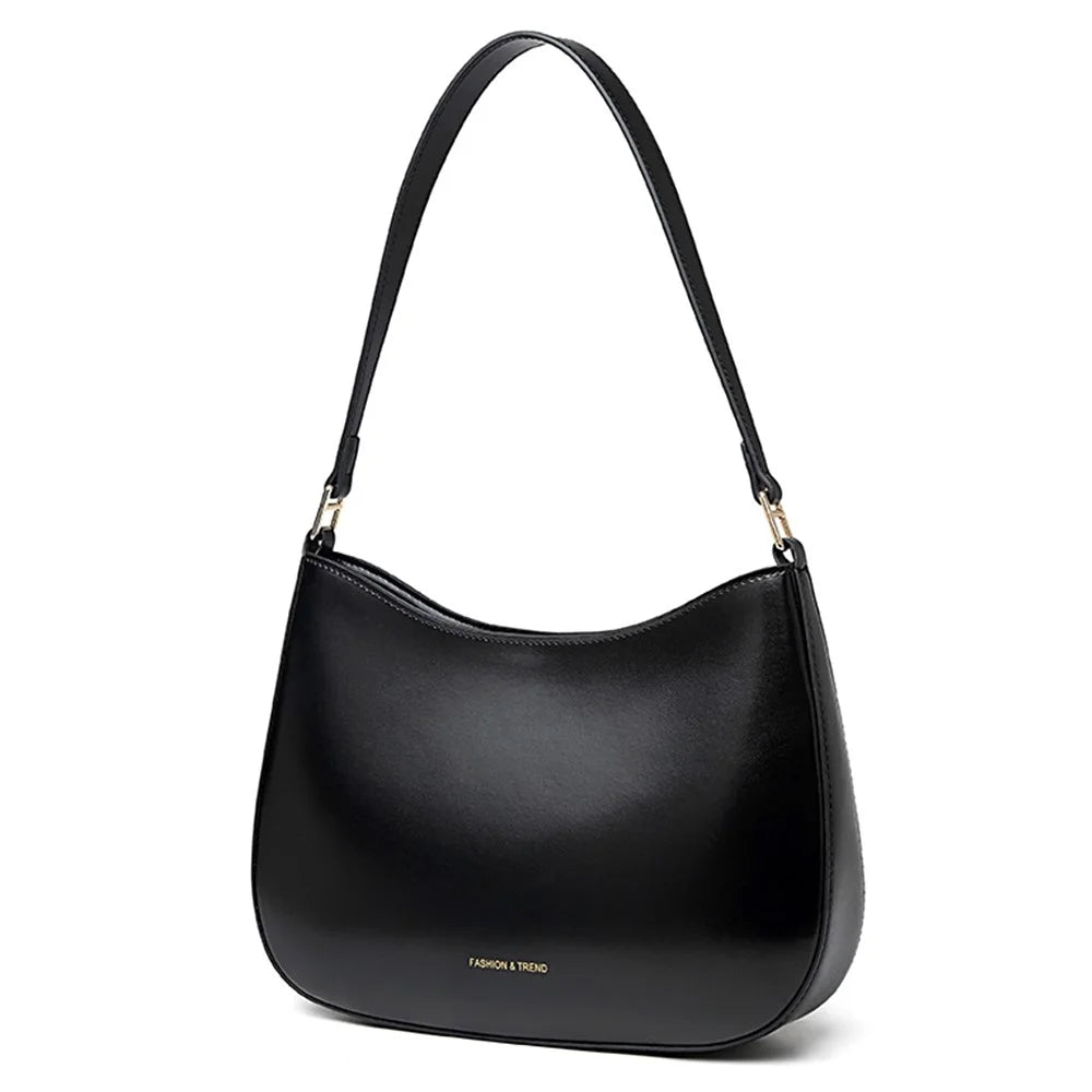 CKZC2235 Simple Style Underarm Bag Women PU+Cowhide Leather Handbag Tote Bag with Shoulder Strap - Black - 1