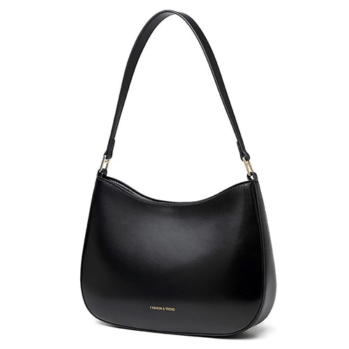 CKZC2235 Simple Style Underarm Bag Women PU+Cowhide Leather Handbag Tote Bag with Shoulder Strap - Black - 1