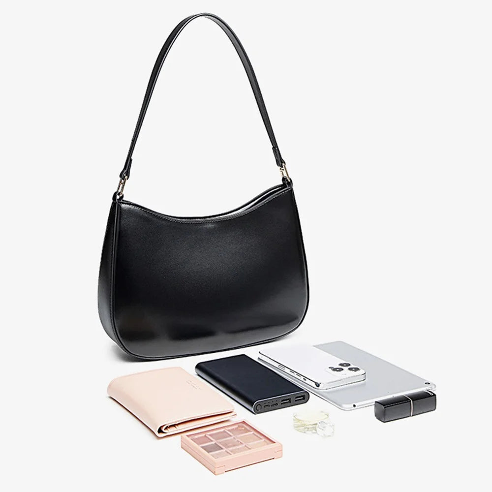 CKZC2235 Simple Style Underarm Bag Women PU+Cowhide Leather Handbag Tote Bag with Shoulder Strap - Black - 2