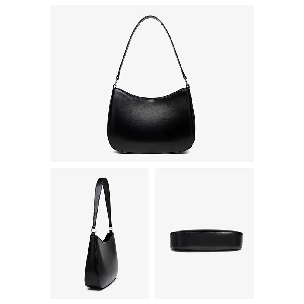 CKZC2235 Simple Style Underarm Bag Women PU+Cowhide Leather Handbag Tote Bag with Shoulder Strap - Black - 4