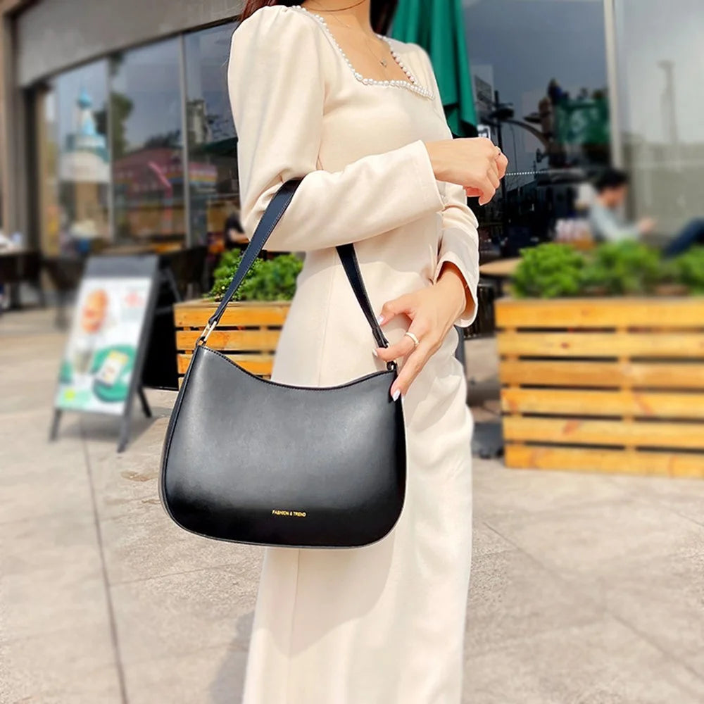 CKZC2235 Simple Style Underarm Bag Women PU+Cowhide Leather Handbag Tote Bag with Shoulder Strap - Black - 5