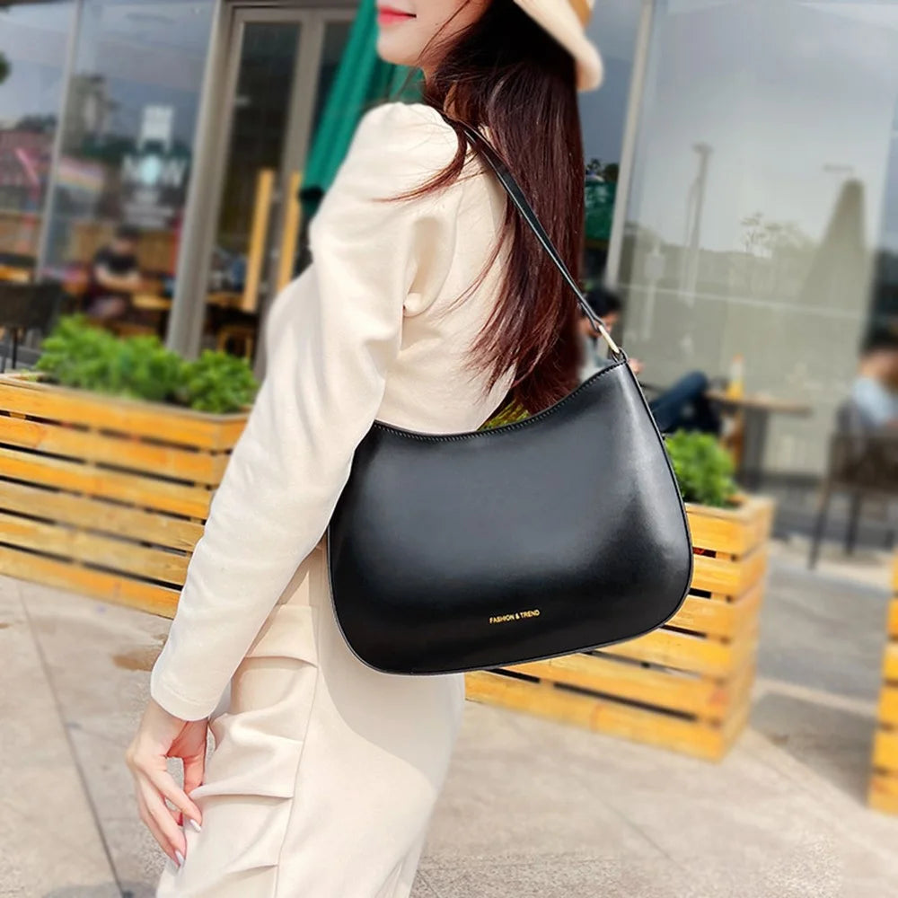 CKZC2235 Simple Style Underarm Bag Women PU+Cowhide Leather Handbag Tote Bag with Shoulder Strap - Black - 6