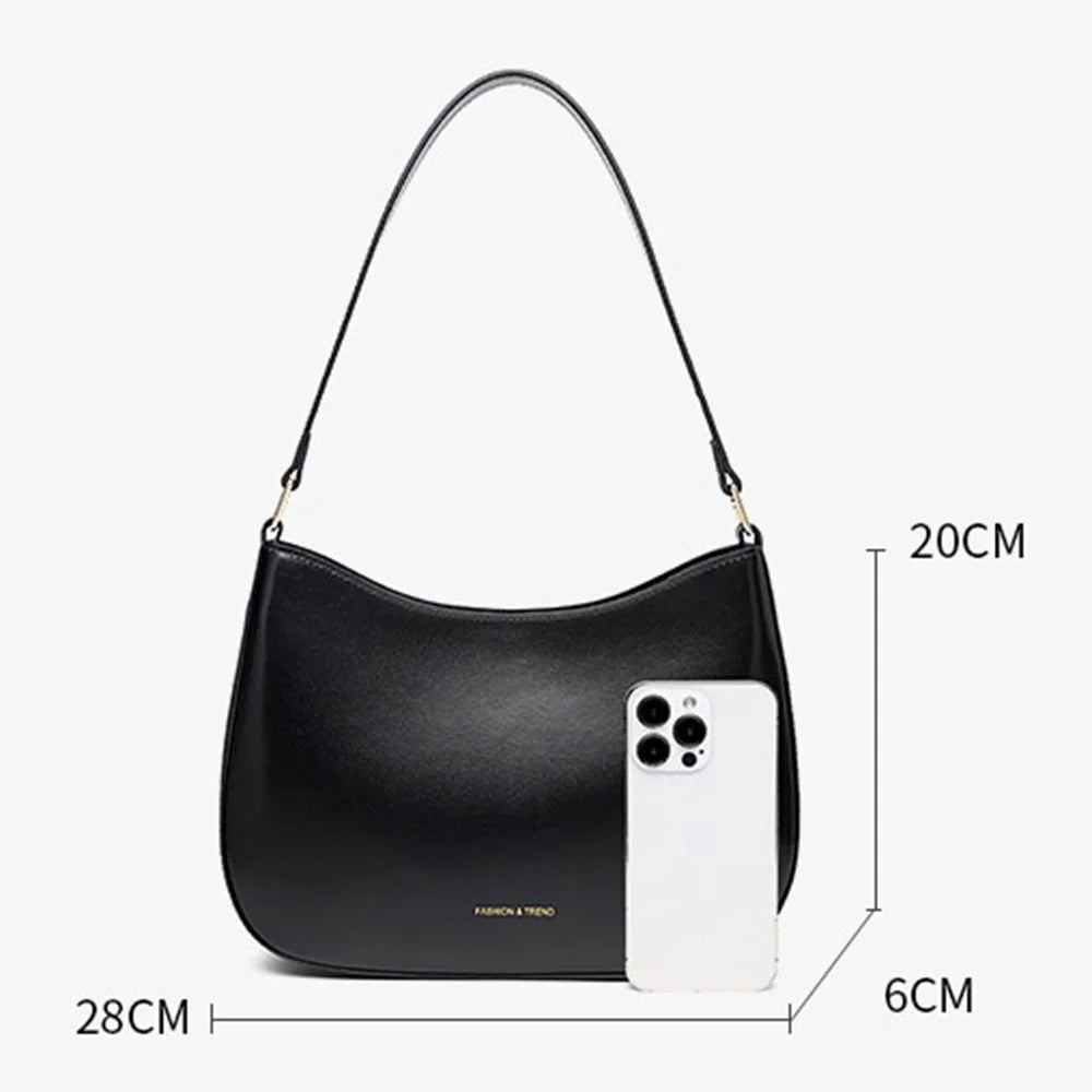 CKZC2235 Simple Style Underarm Bag Women PU+Cowhide Leather Handbag Tote Bag with Shoulder Strap - Black - 7