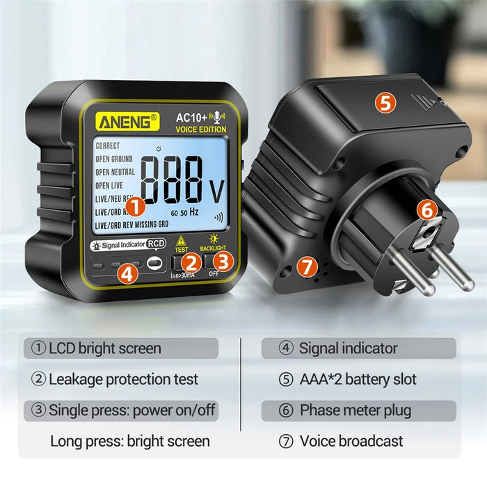 ANENG AC10+ Socket Tester Plug Detector Voice Broadcast Phase Detector Multimeter Digital Tester - EU Plug - 7