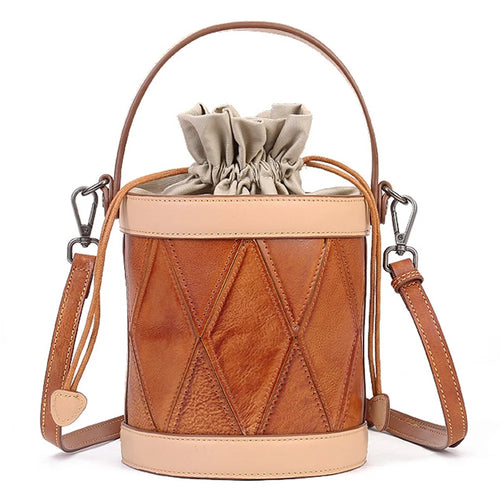 8777 Women's Drawstring Bucket Bag Cowhide Leather Casual Handbag Vintage Shoulder Crossbody Bag - 1