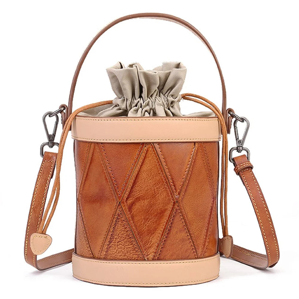 8777 Women's Drawstring Bucket Bag Cowhide Leather Casual Handbag Vintage Shoulder Crossbody Bag - 1