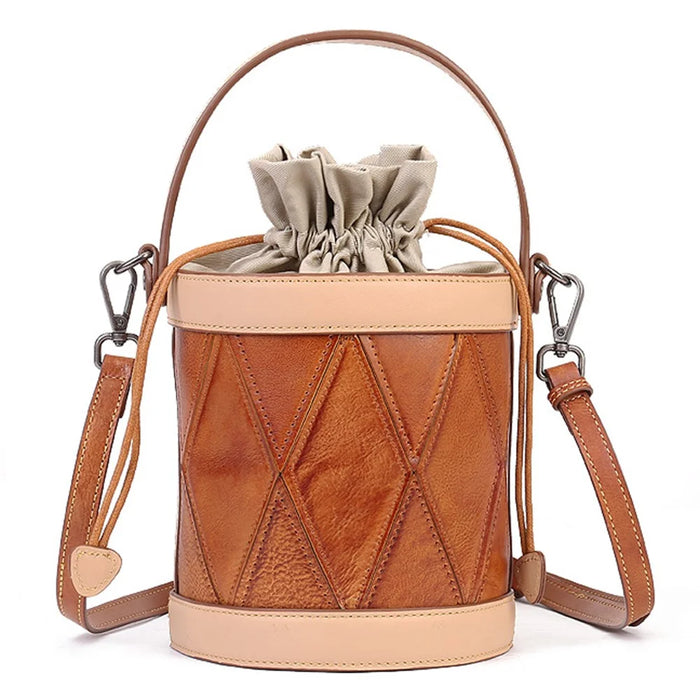8777 Women's Drawstring Bucket Bag Cowhide Leather Casual Handbag Vintage Shoulder Crossbody Bag - 1