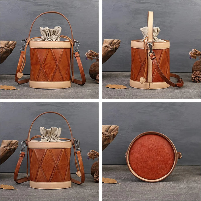 8777 Women's Drawstring Bucket Bag Cowhide Leather Casual Handbag Vintage Shoulder Crossbody Bag - 3