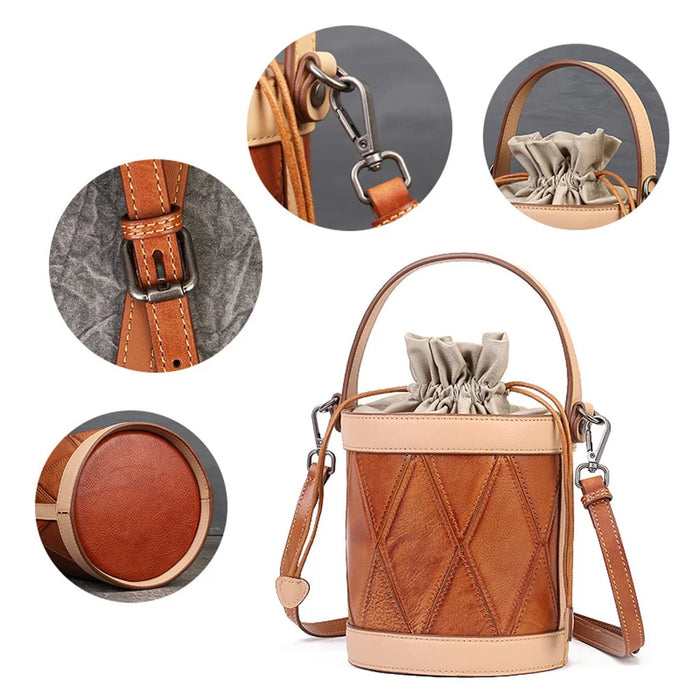 8777 Women's Drawstring Bucket Bag Cowhide Leather Casual Handbag Vintage Shoulder Crossbody Bag - 4