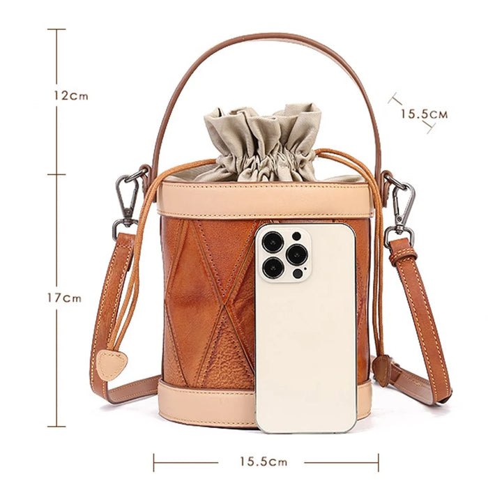 8777 Women's Drawstring Bucket Bag Cowhide Leather Casual Handbag Vintage Shoulder Crossbody Bag - 5