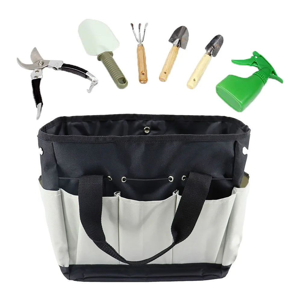 KG0006 Multiple Pockets Gardening Tool Storage Bag Oxford Cloth Gardener Carry Bag Tote Bag - Black+Grey - 3