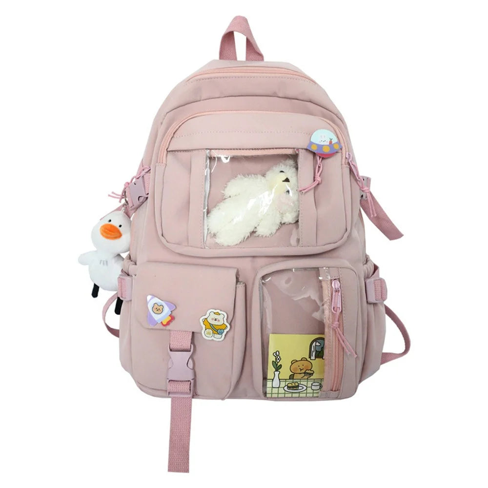 Nylon Backpack Students School Book Bag Travel Shoulders Bag - Pink - 1
