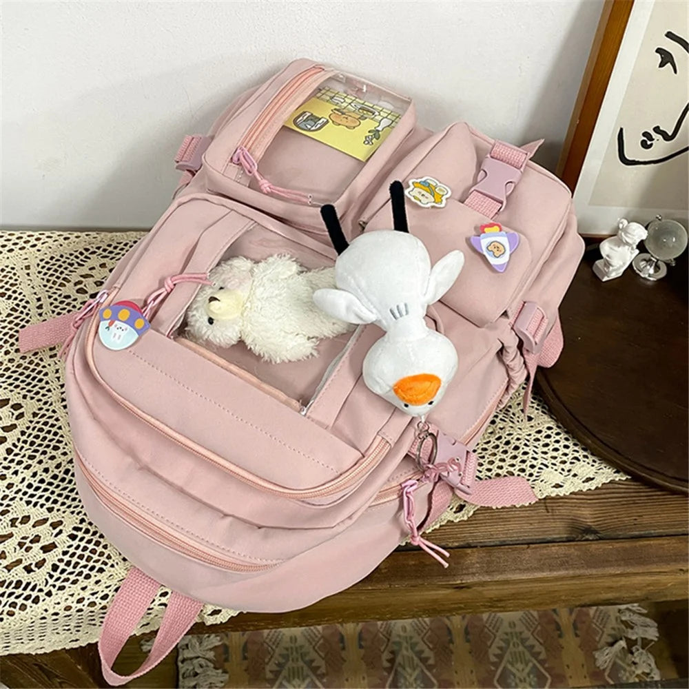 Nylon Backpack Students School Book Bag Travel Shoulders Bag - Pink - 3