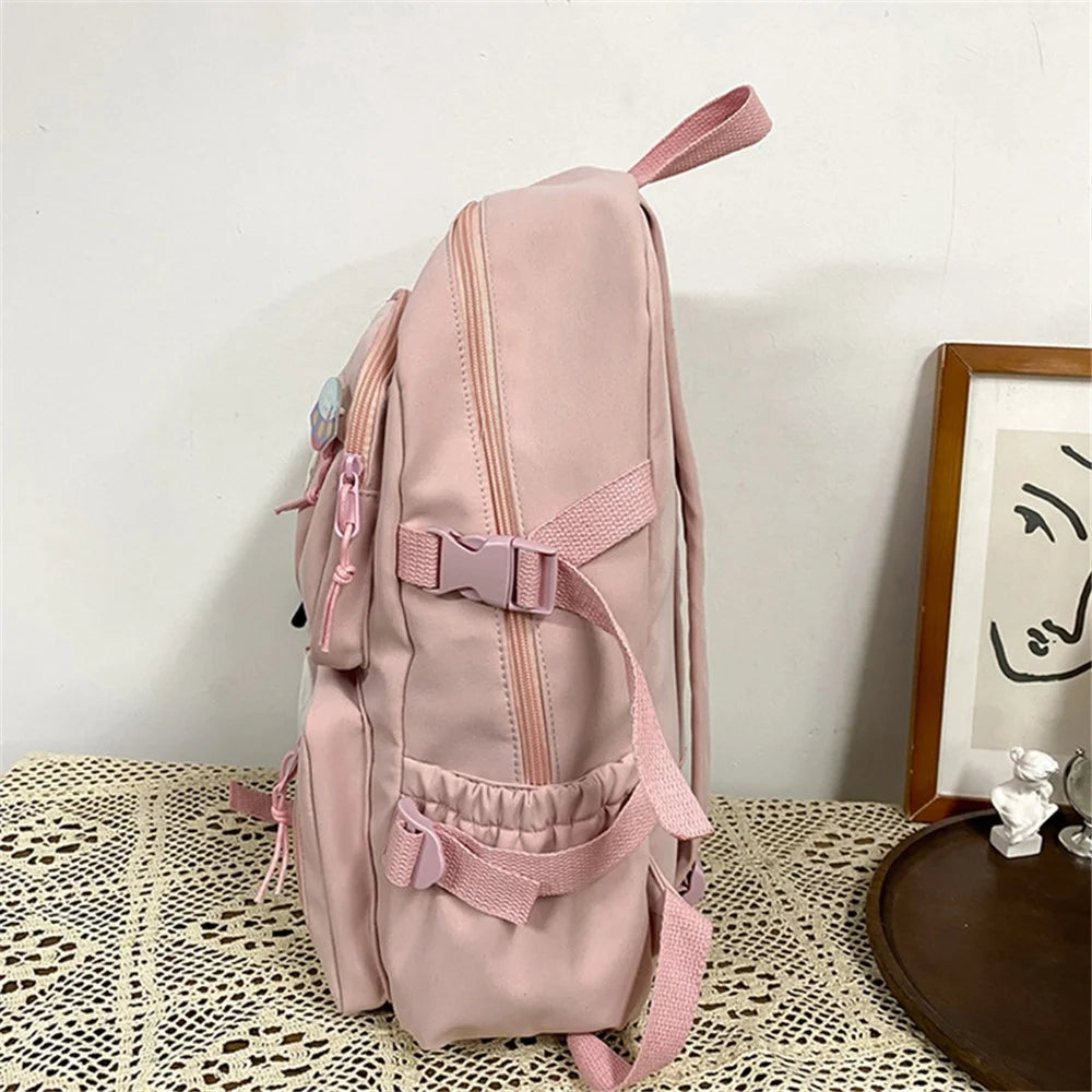 Nylon Backpack Students School Book Bag Travel Shoulders Bag - Pink - 4