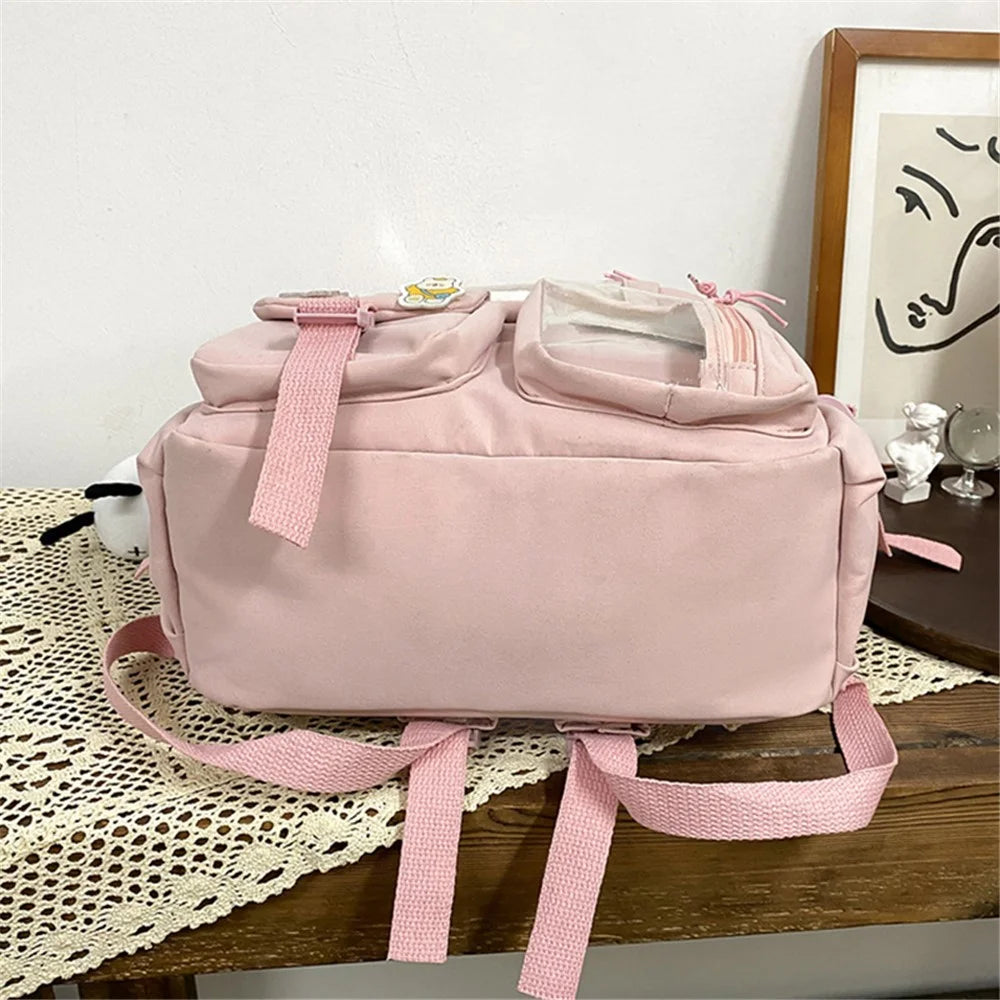 Nylon Backpack Students School Book Bag Travel Shoulders Bag - Pink - 5