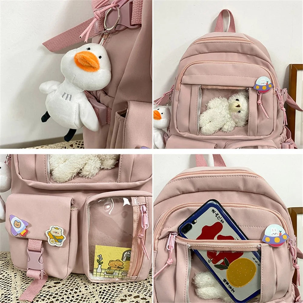 Nylon Backpack Students School Book Bag Travel Shoulders Bag - Pink - 6