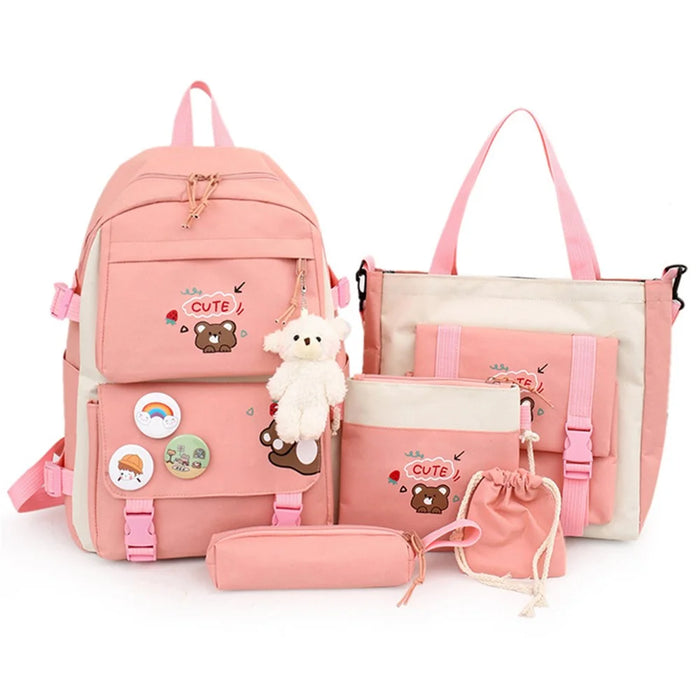 5Pcs / Set Canvas Backpack Handbag Drawstring Bag Pencil Case with Cartoon Bear Pendant - Pink - 1