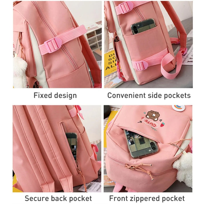 5Pcs / Set Canvas Backpack Handbag Drawstring Bag Pencil Case with Cartoon Bear Pendant - Pink - 4