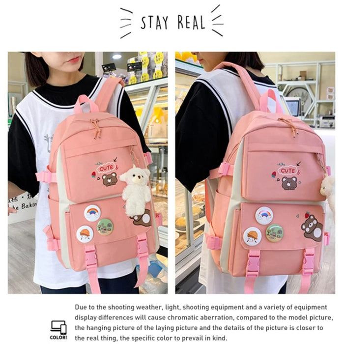 5Pcs / Set Canvas Backpack Handbag Drawstring Bag Pencil Case with Cartoon Bear Pendant - Pink - 5
