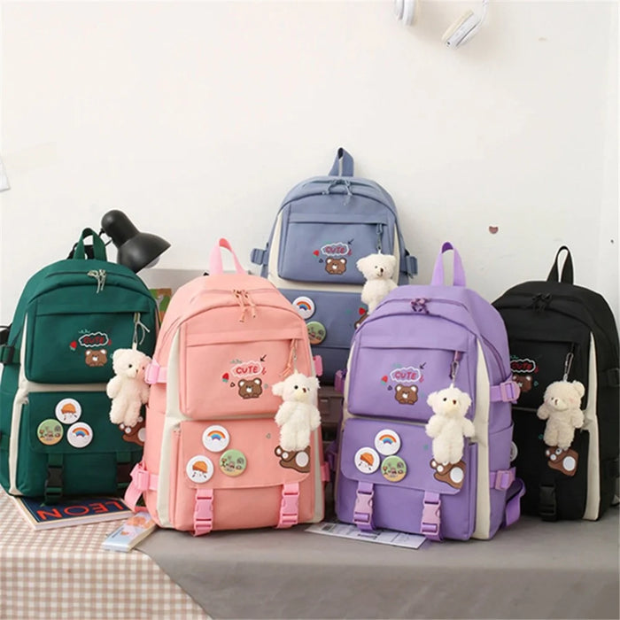 5Pcs / Set Canvas Backpack Handbag Drawstring Bag Pencil Case with Cartoon Bear Pendant - Pink - 6