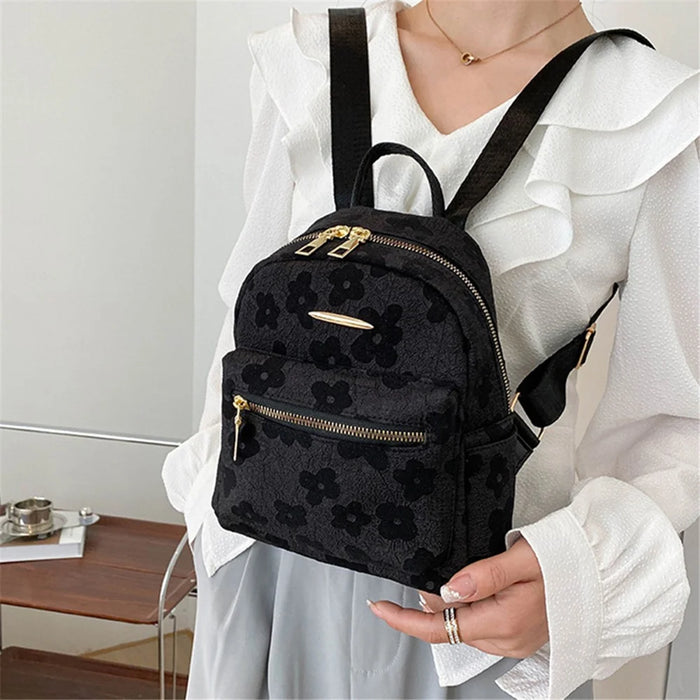 Lovely Flower Pattern Canvas Backpack Women Casual Small Dual Shoulder Bag - Black - 3