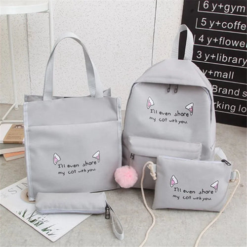 4Pcs Casual Student School Backpack Set Tote Sling Shoulder Bag Pencil Case Canvas Travel Bag Kit - Grey - 1