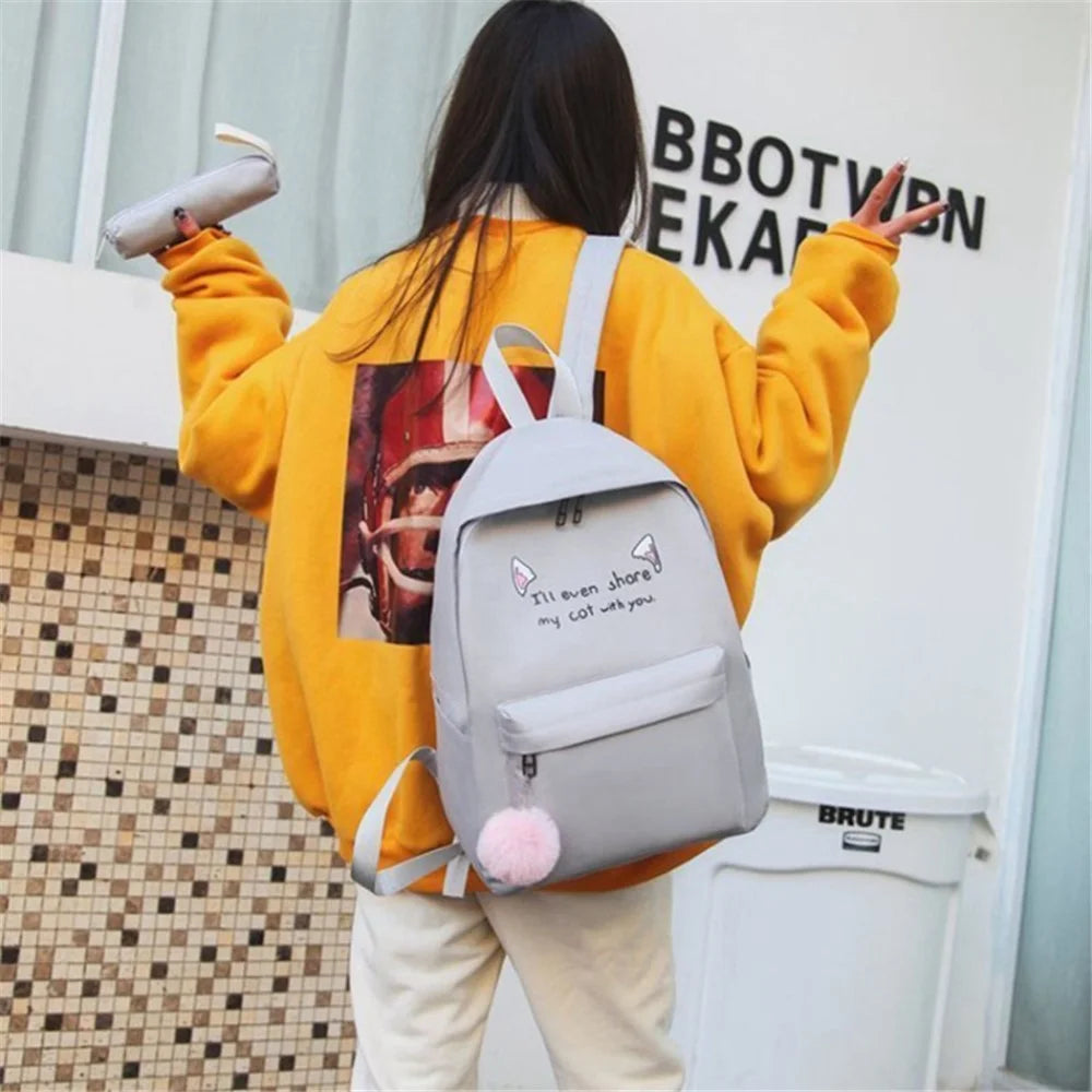 4Pcs Casual Student School Backpack Set Tote Sling Shoulder Bag Pencil Case Canvas Travel Bag Kit - Grey - 2