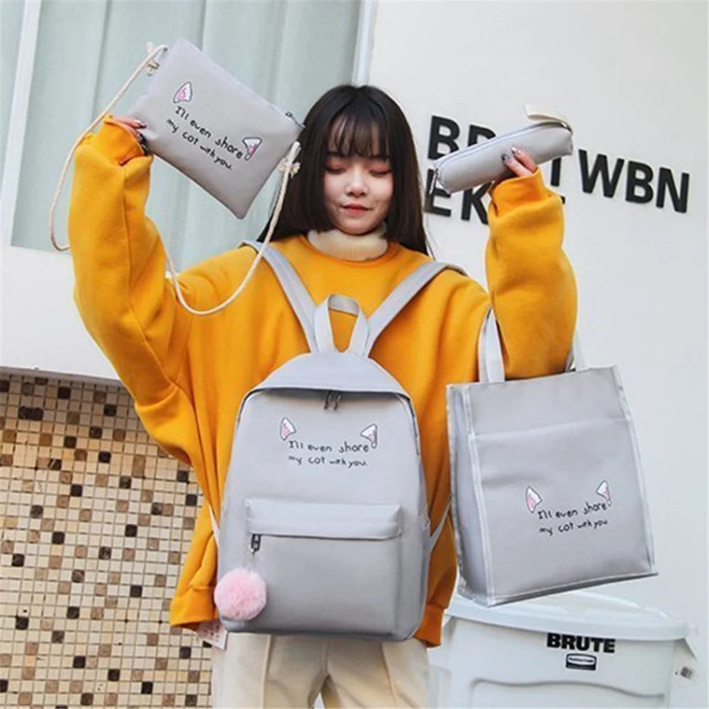 4Pcs Casual Student School Backpack Set Tote Sling Shoulder Bag Pencil Case Canvas Travel Bag Kit - Grey - 3
