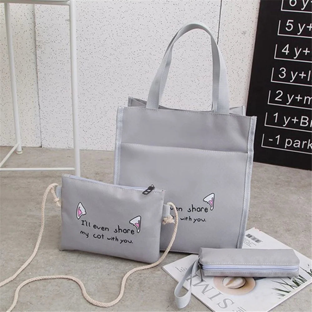 4Pcs Casual Student School Backpack Set Tote Sling Shoulder Bag Pencil Case Canvas Travel Bag Kit - Grey - 6