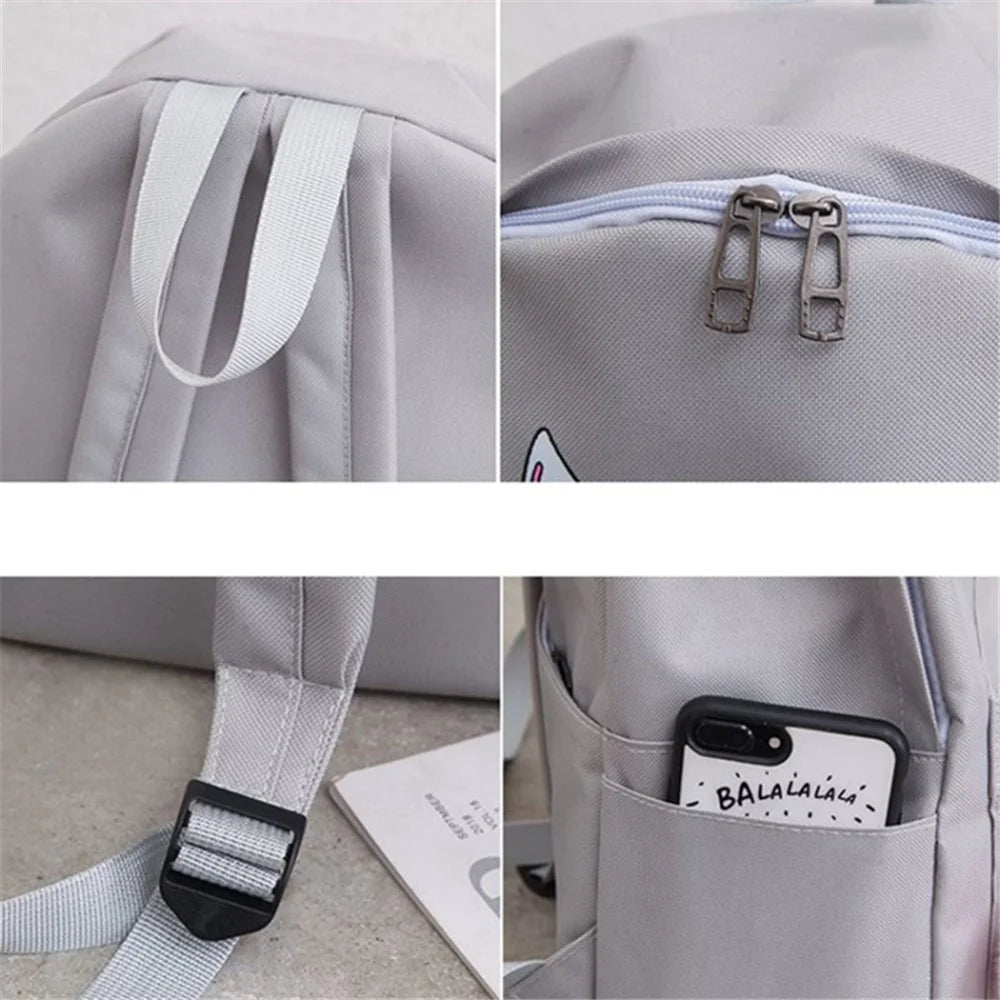 4Pcs Casual Student School Backpack Set Tote Sling Shoulder Bag Pencil Case Canvas Travel Bag Kit - Grey - 7