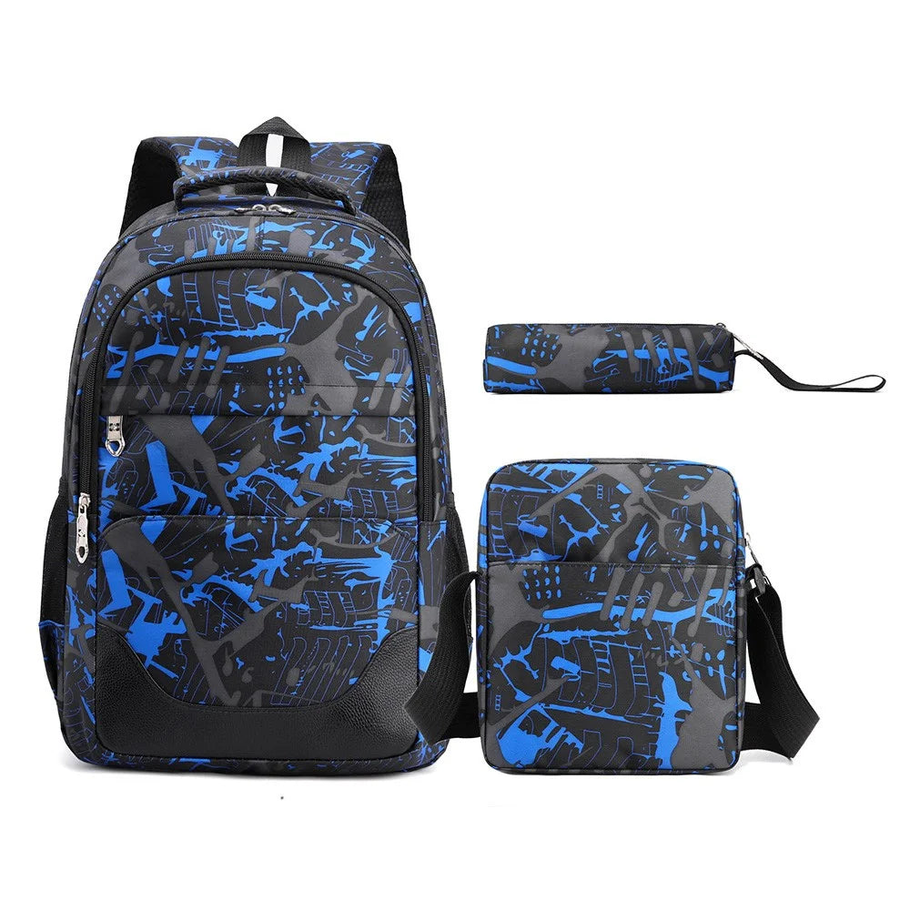 3Pcs / Set Nylon Large Capacity Schoolbag Travel Backpack Shoulder Bag Pencil Case - Blue - 1