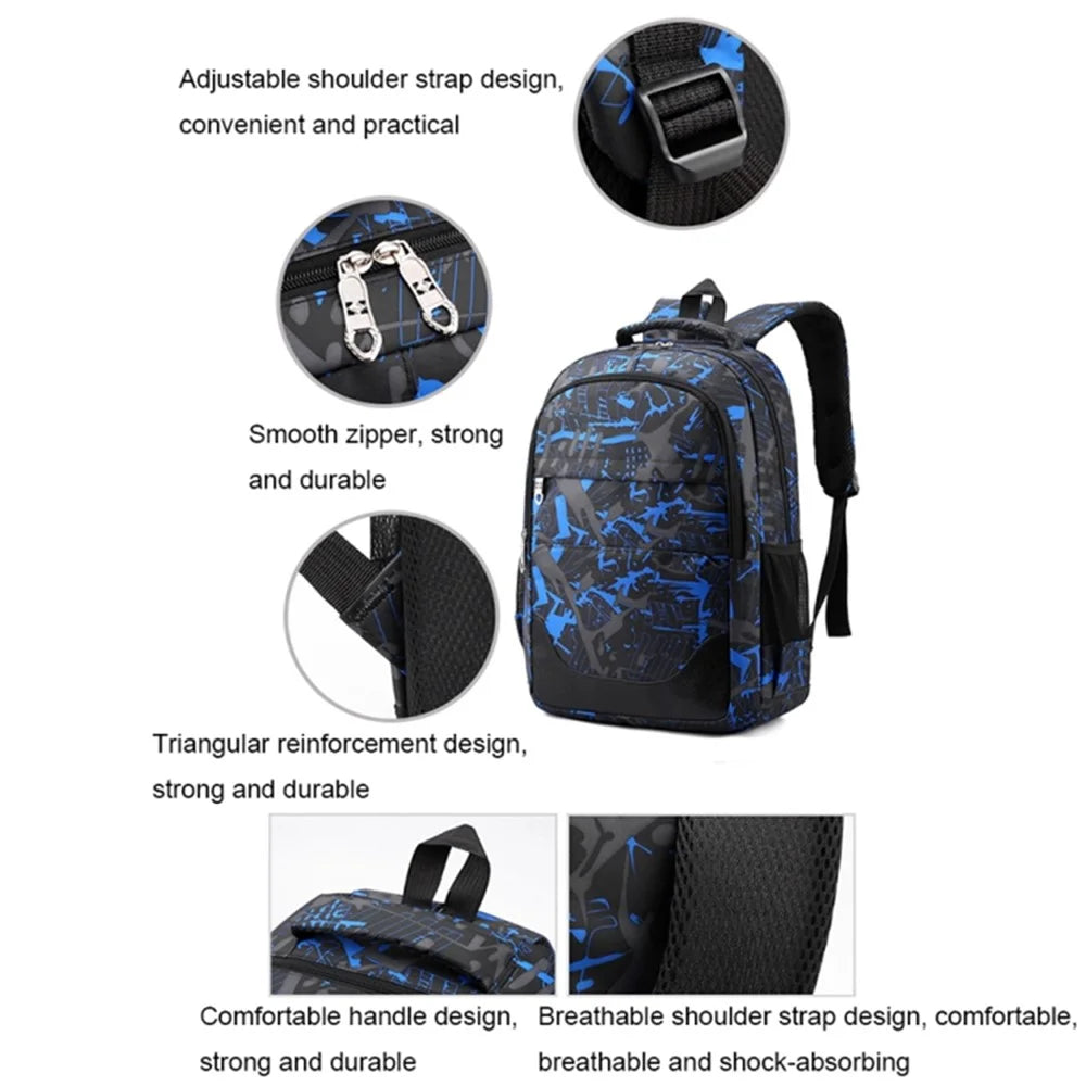 3Pcs / Set Nylon Large Capacity Schoolbag Travel Backpack Shoulder Bag Pencil Case - Blue - 3