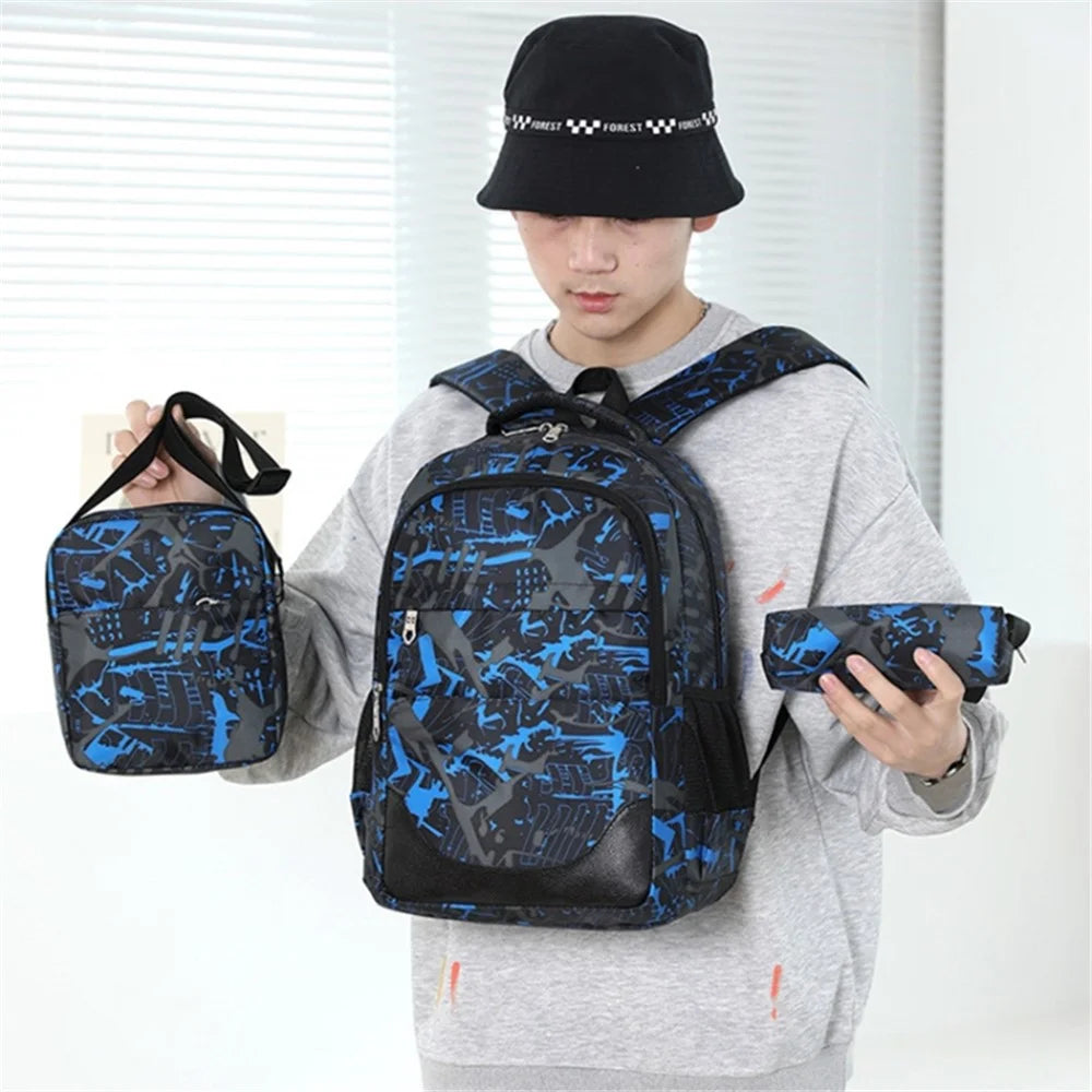 3Pcs / Set Nylon Large Capacity Schoolbag Travel Backpack Shoulder Bag Pencil Case - Blue - 6