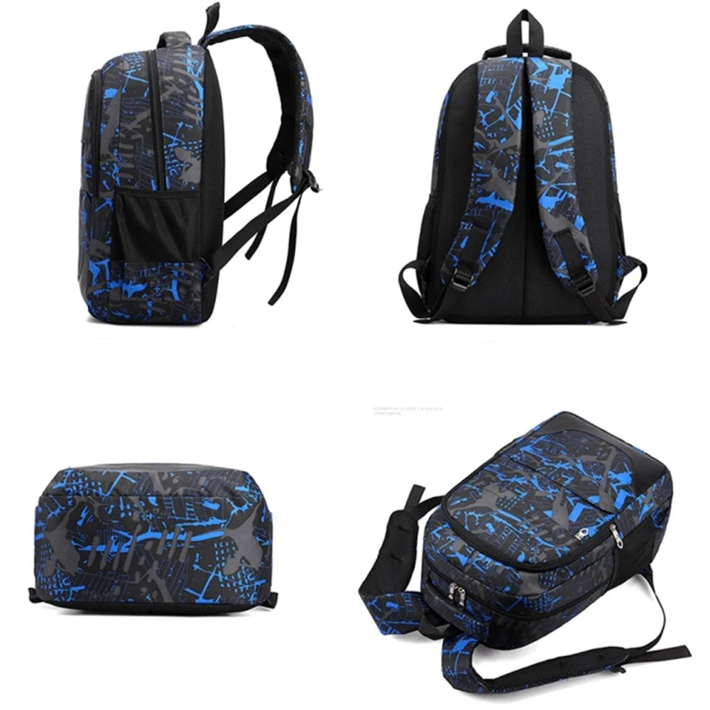 3Pcs / Set Nylon Large Capacity Schoolbag Travel Backpack Shoulder Bag Pencil Case - Blue - 7