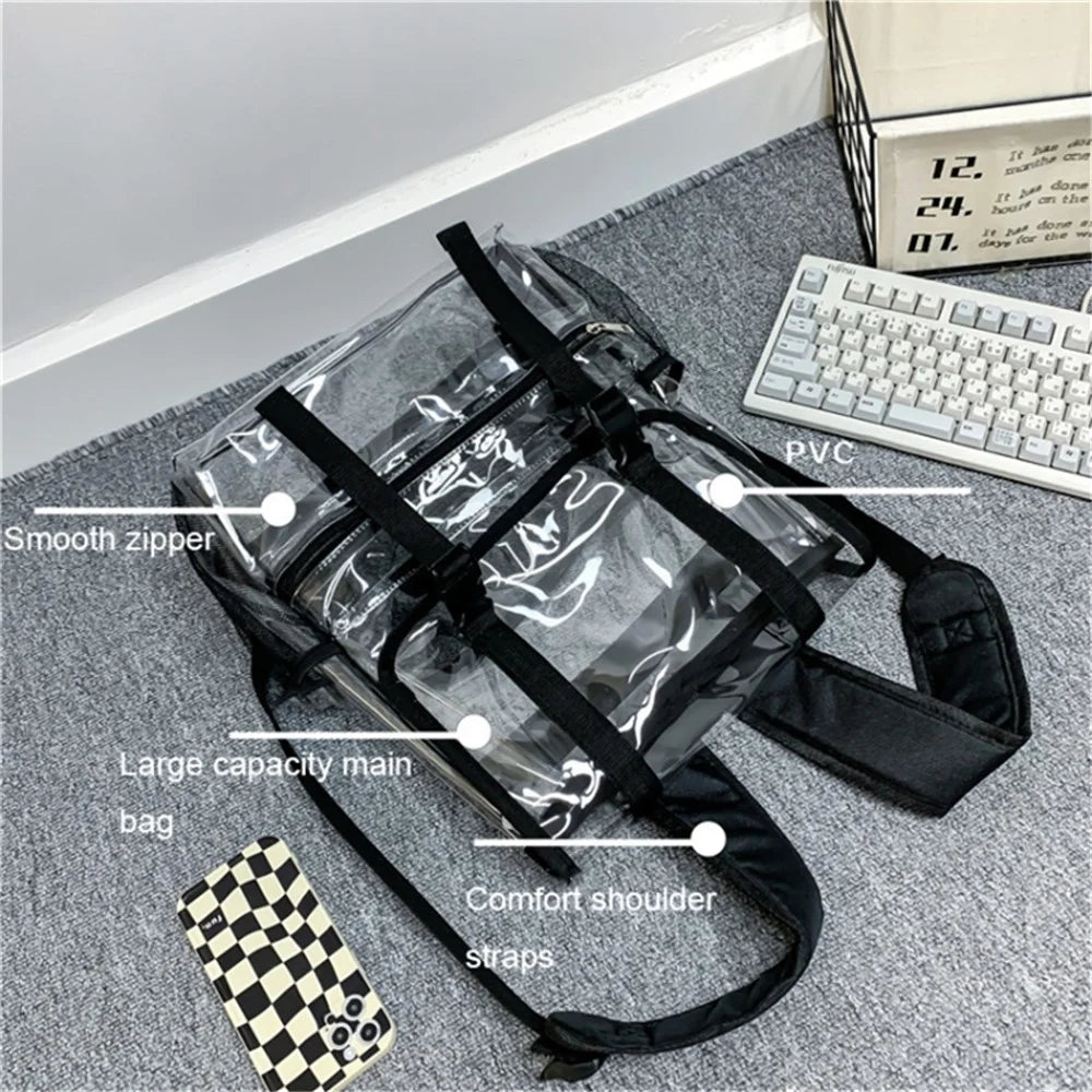 Waterproof Transparent PVC School Bag Large Capacity Outdoor Travel Backpack - Black - 2