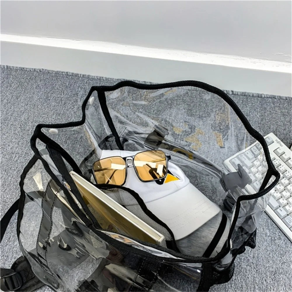 Waterproof Transparent PVC School Bag Large Capacity Outdoor Travel Backpack - Black - 3
